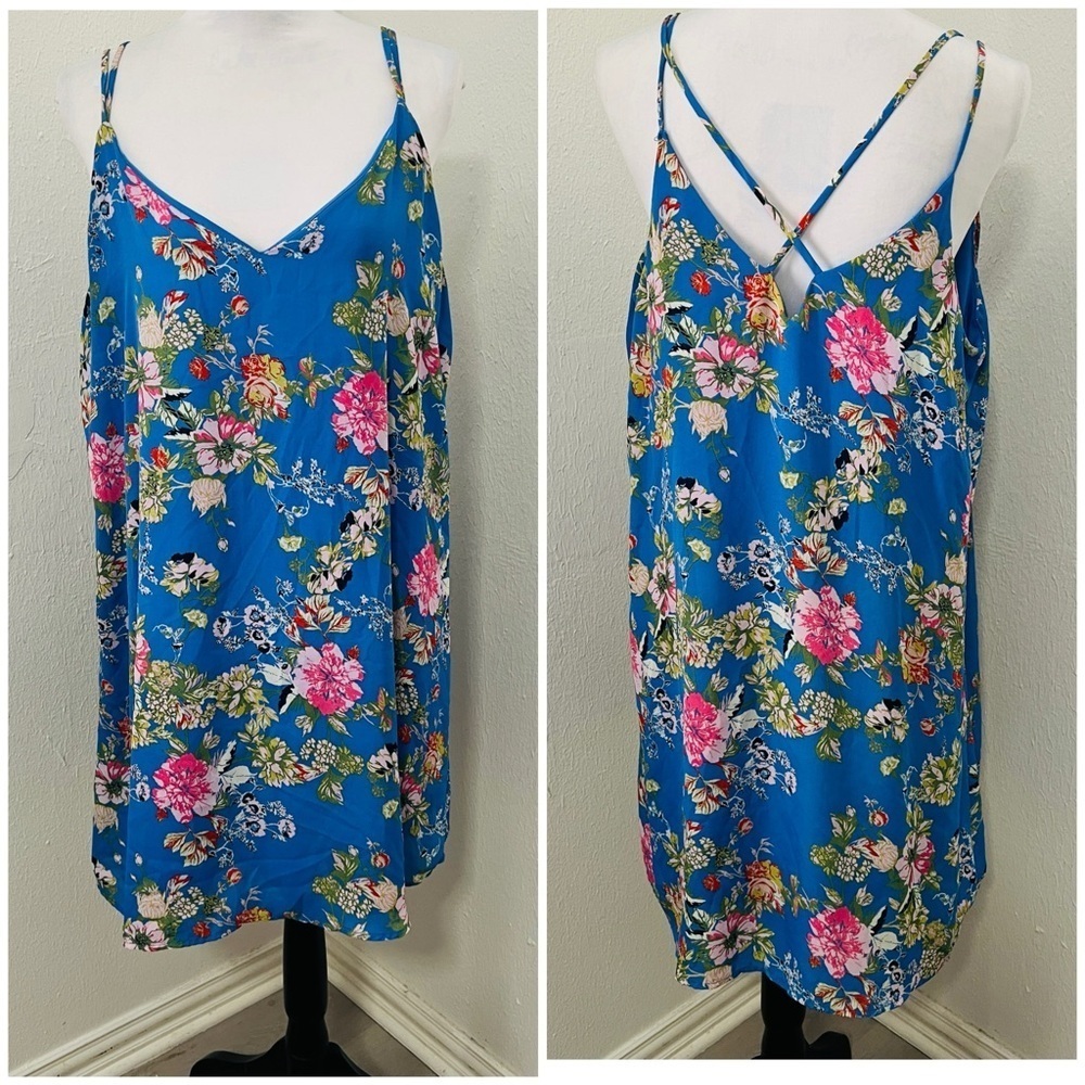 Xhilaration Women’s XL Mini Blue Colorful Floral Dress Criss Cross Back Layered